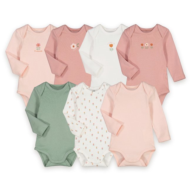 Pack of 7 Bodysuits in Cotton with Long Sleeves ecru / pink / green LA REDOUTE COLLECTIONS