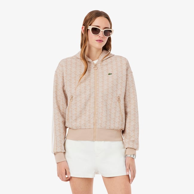 Sweatshirt à capuche jacquard monogramme beige-8gi <span itemprop=