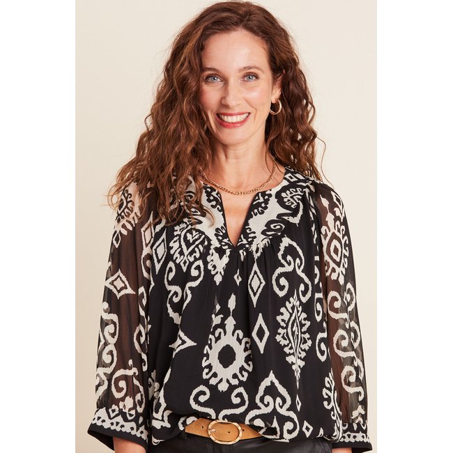 Blouse manches 3/4 imprimé femme noir <span itemprop=