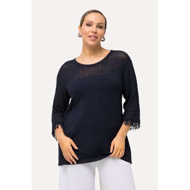 Pull à col rond et franges marine <span itemprop=