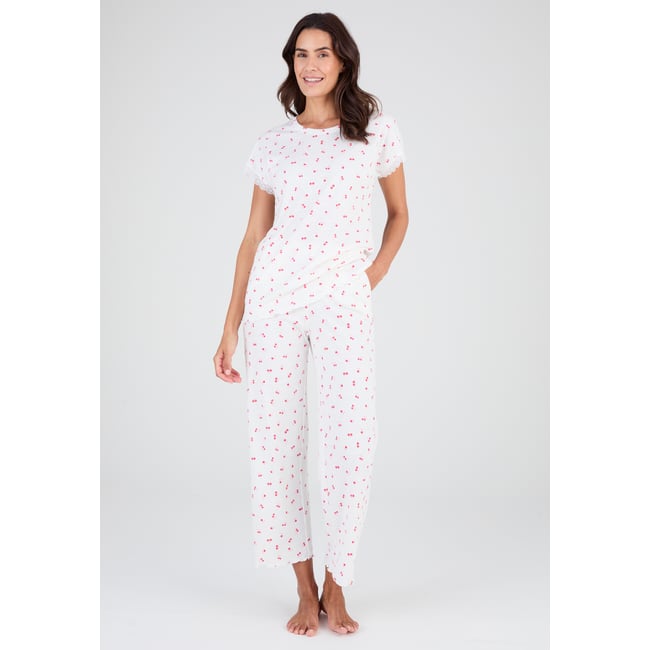 Pyjama 7/8ème en maille pointelle rose imp. <span itemprop=