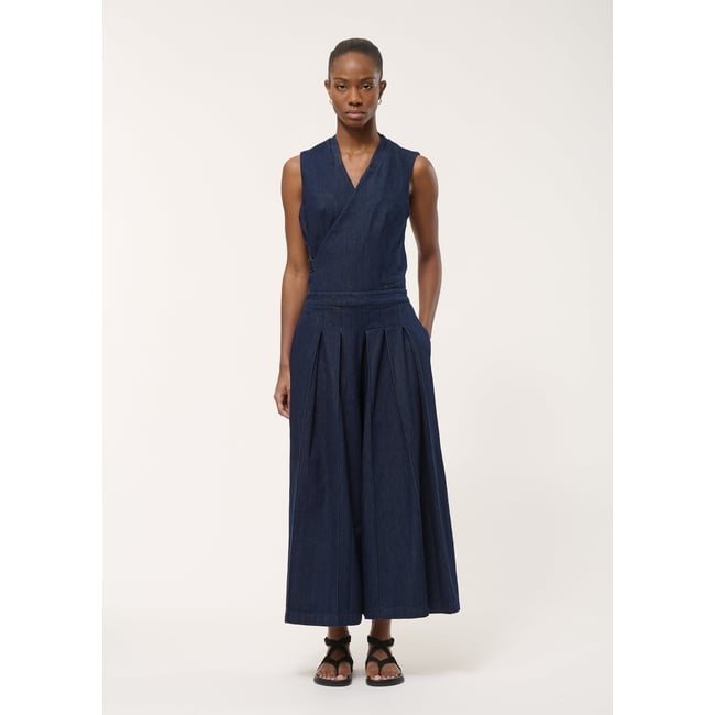 Pantalon plissé en denim bleu denim <span itemprop=
