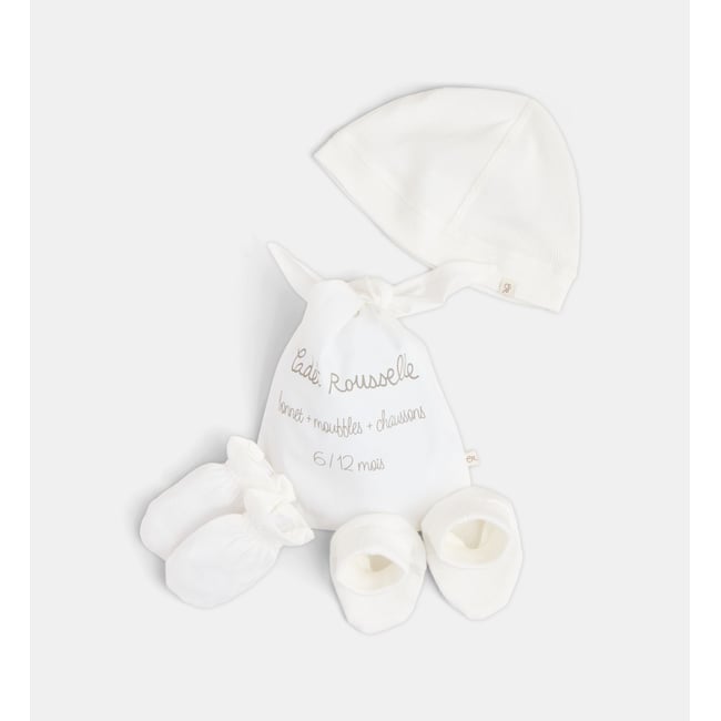 Ensemble bonnet moufles pantoufles tarpinou coton stretch écru <span itemprop=