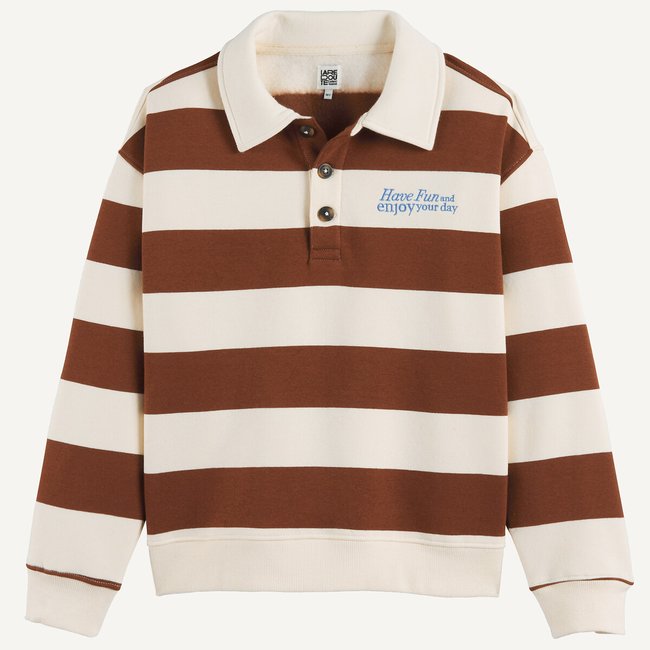 Sweat col polo, rayé, avec broderie poitrine rayé marron <span itemprop=