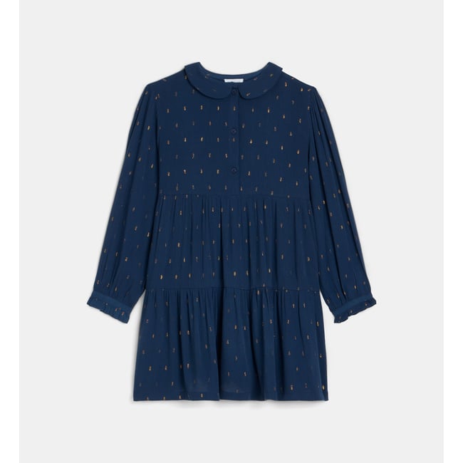 Robe vaurelia à col claudine et détails métallisés bleu et doré <span itemprop=