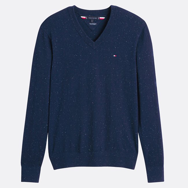 Camisola de decote em V, em algodão pima e caxemira marinho <span itemprop=