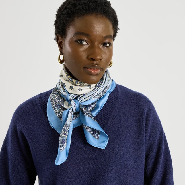Écharpe Châle Part Deux Bleu Uni Avec Pompon - Coton, Neuf Avec étiquettes