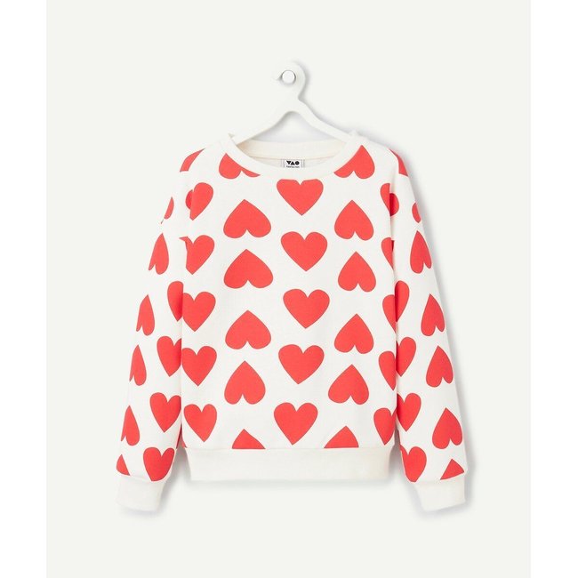 Sweat col rond imprimé coeurs en molleton blanc/rouge <span itemprop=