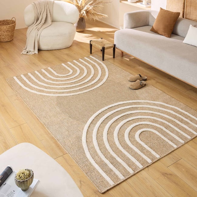 Tapis 150x200 cm en polyester imprimé beige et doré | Maison et Styles Tapis 150x200 cm en polyester imprimé beige et doré | Maison et Styles