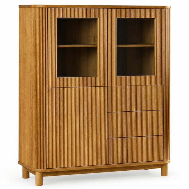 Buffet haut chêne rainuré 2 portes vitrées IENA Couleur bois naturel <span itemprop=