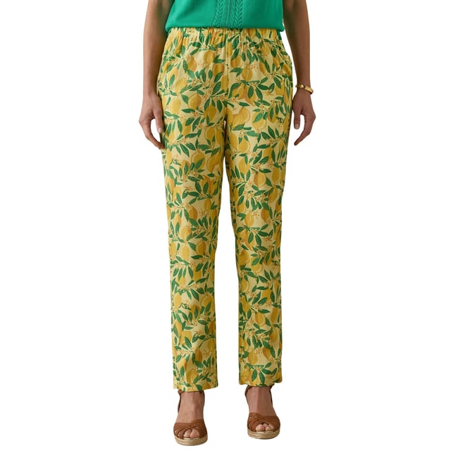Pantalon fluide taille élastiquée imp. jaune citron <span itemprop=