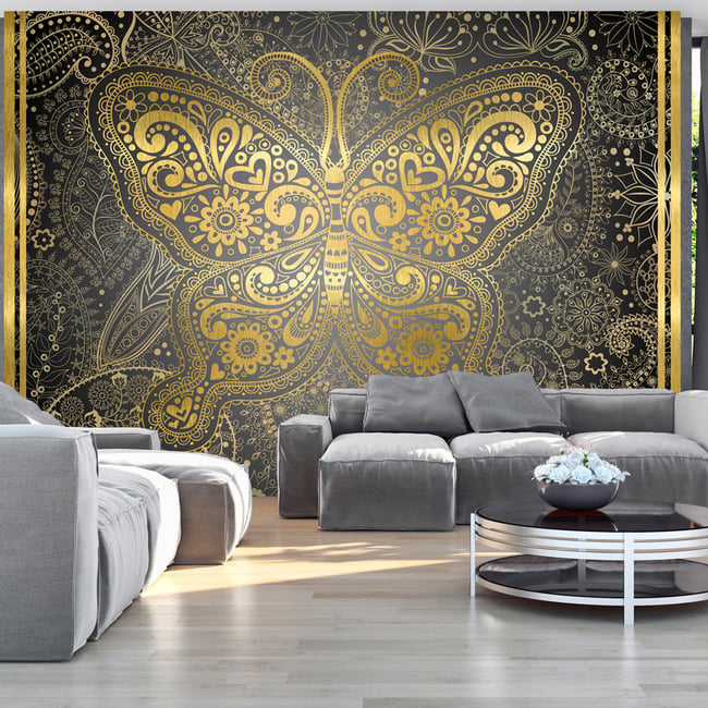 Papier peint intissé panoramique Golden Butterfly Couleur noir <span itemprop=