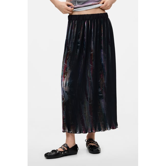 Jupe midi plissée à fleurs noir <span itemprop=