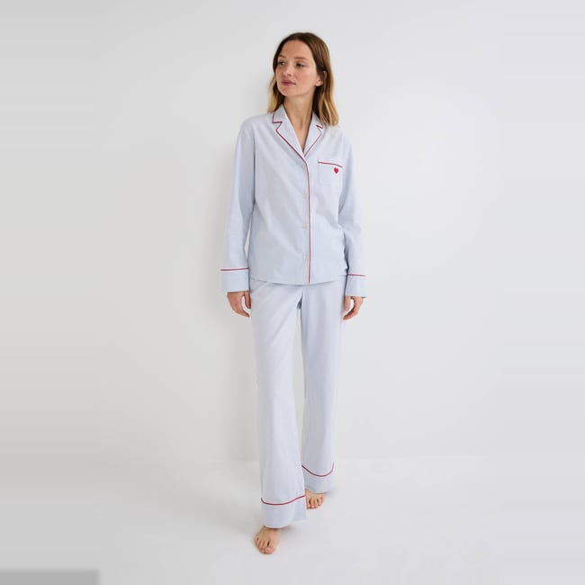 Pyjama rayé en flanelle de coton BIO et broderie coeur finistere <span itemprop=