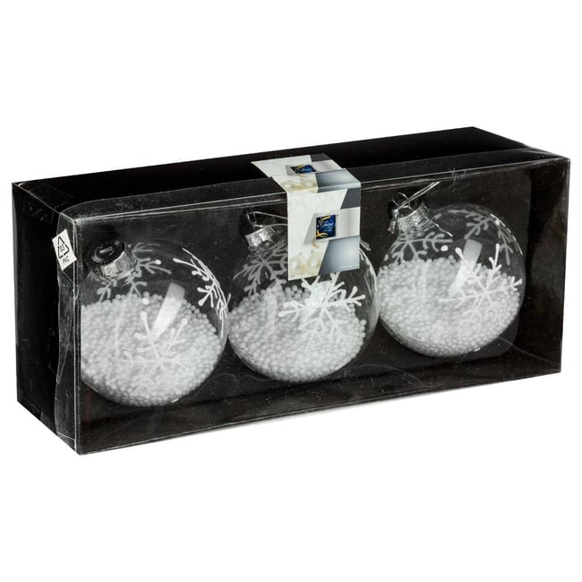Boule Noël verre neige X 3 D.8 cm Couleur blanc <span itemprop=