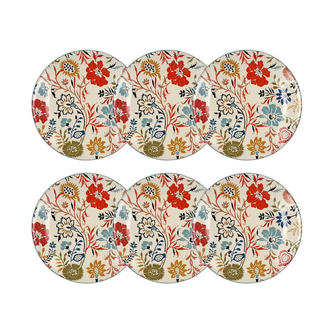 Lot de 6 assiettes plates florales en grès 27cm, JAIPUR Couleur blanc-jaune-rouge-vert <span itemprop=