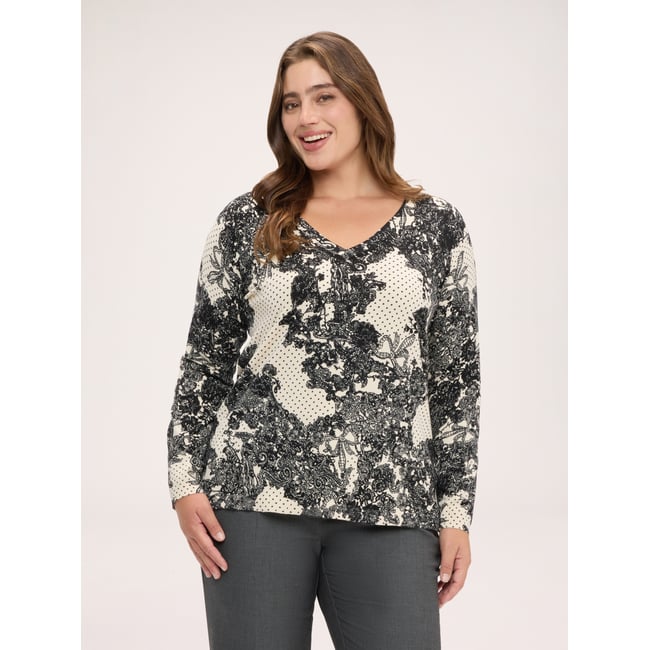 Pull col V avec imprimé dentelle noir <span itemprop=