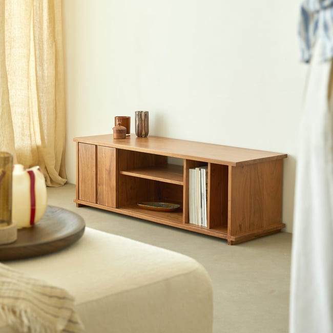 Meuble Hi-FI, TV en Acacia massif, JULES Couleur marron <span itemprop=