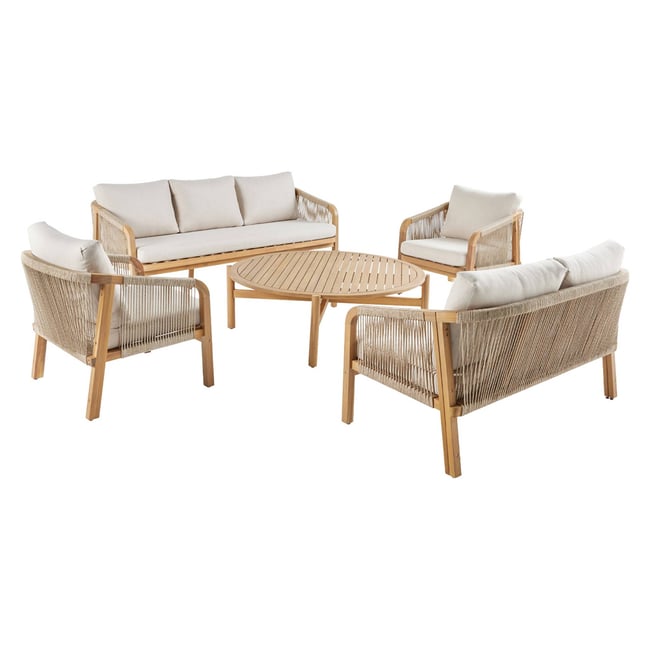 Salon de jardin bois d'acacia et cordes 7 places  PARANA 7 PLACES beige <span itemprop=