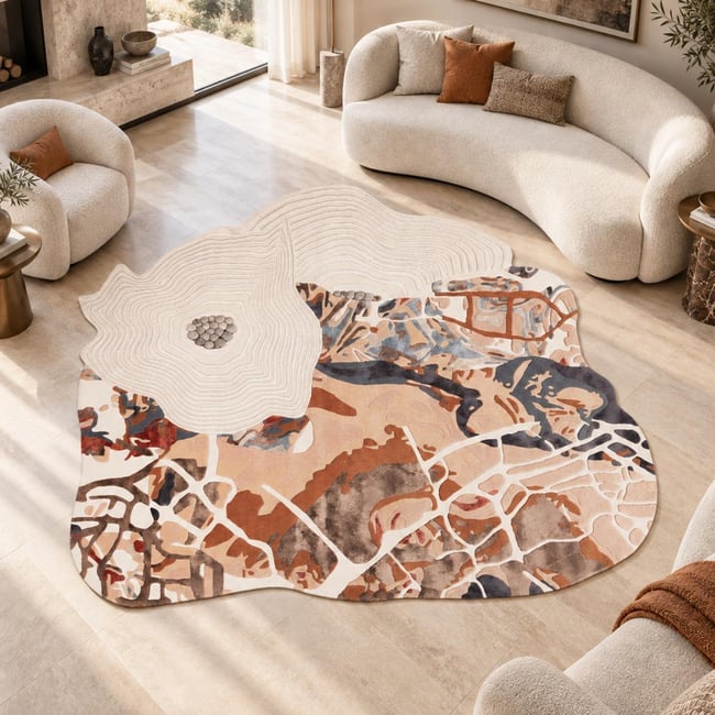 Tapis salon, motif fresque artistique, texture en relief, WOWW Couleur beige, marron, multicolore <span itemprop=