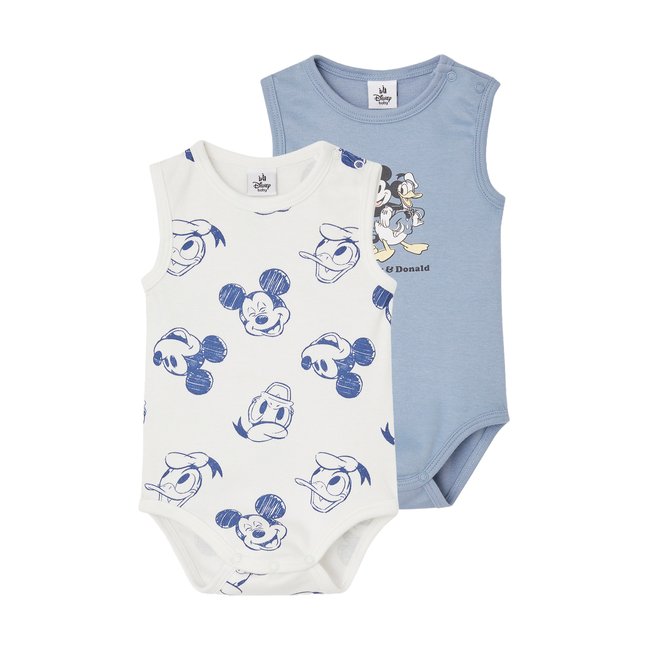 Lot de 2 bodies sans manches Disney® Mickey et Donald bleu ciel + blanc <span itemprop=