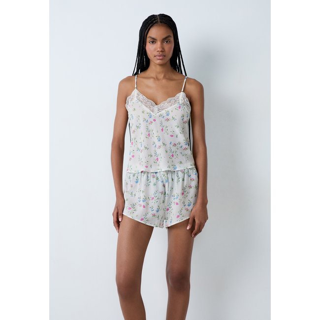 Top de pyjama imprimé à fleurs décolleté dentelle PRATI imp fd ecru <span itemprop=