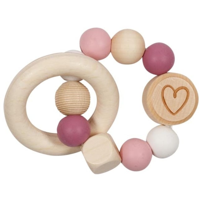Hochet en bois et silicone rose <span itemprop=