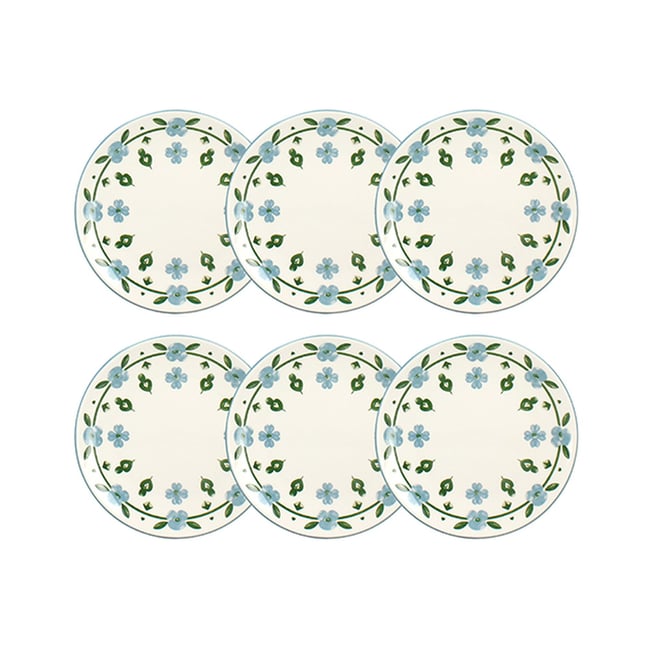 Lot de 6 assiettes à dessert 19cm en porcelaine, PRIMAVERA Couleur blanc et bleu <span itemprop=