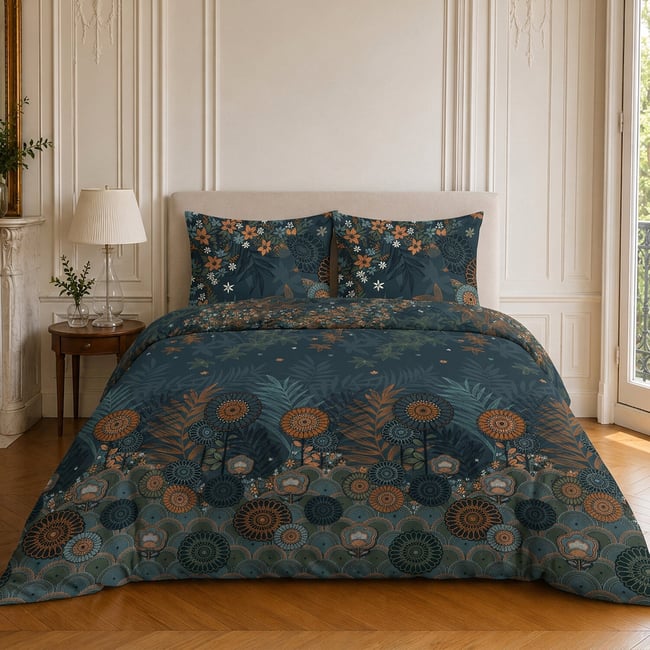 Parure de lit en microfibre motif floral, FLOWER NIGHT bleu nuit <span itemprop=