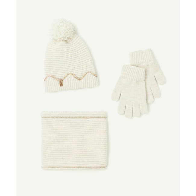 Ensemble bonnet, gants et snood ecru <span itemprop=