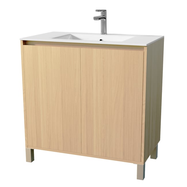 Meuble de salle de bains sur pieds avec 2 portes et vasque Couleur naturel <span itemprop=