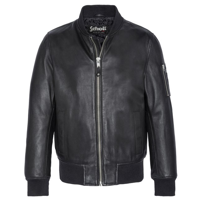 Blouson bomber MA-1, cuir d'agneau noir <span itemprop=