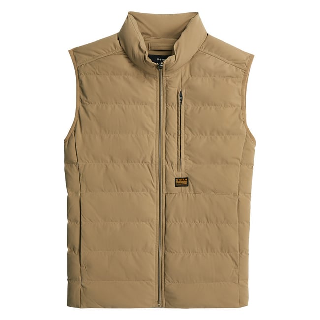 Doudoune sans manche beige unie avec une coupe droite et un col montant beige <span itemprop=