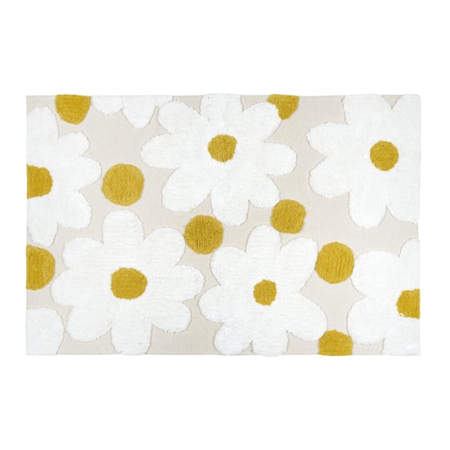 Tapis de salon en coton à motif marguerites en relief Couleur naturel <span itemprop=