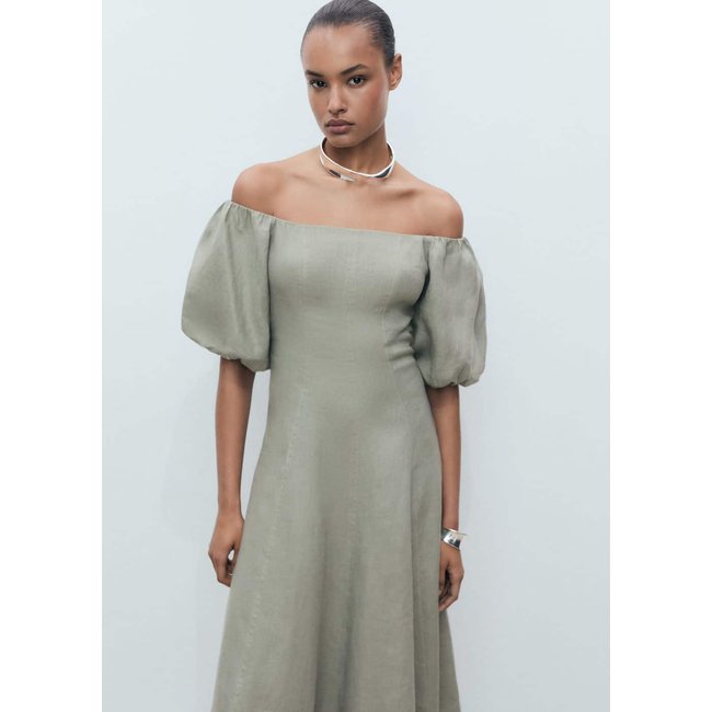 Robe en lin manches bouffantes vert <span itemprop=