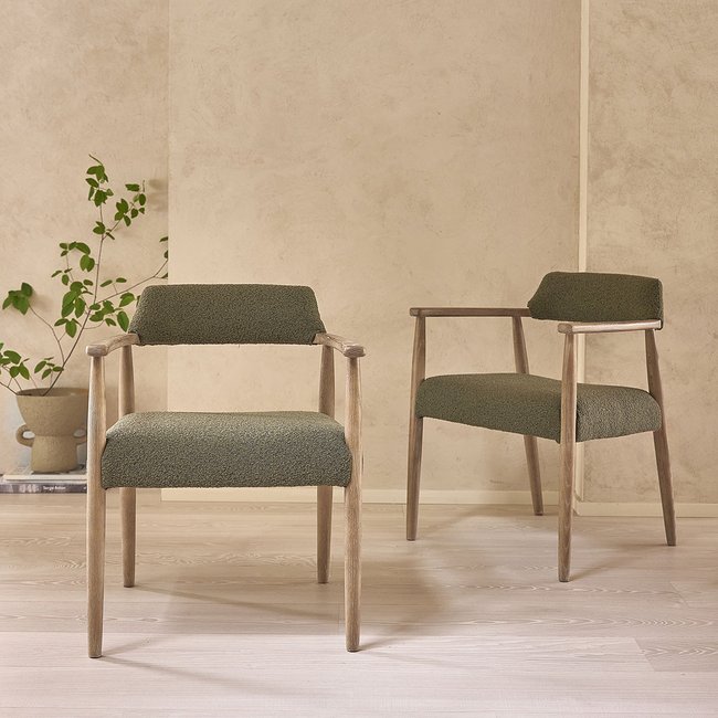 Lot de 2 chaises en chêne et tissu bouclette kaki  LUISA Couleur kaki <span itemprop=