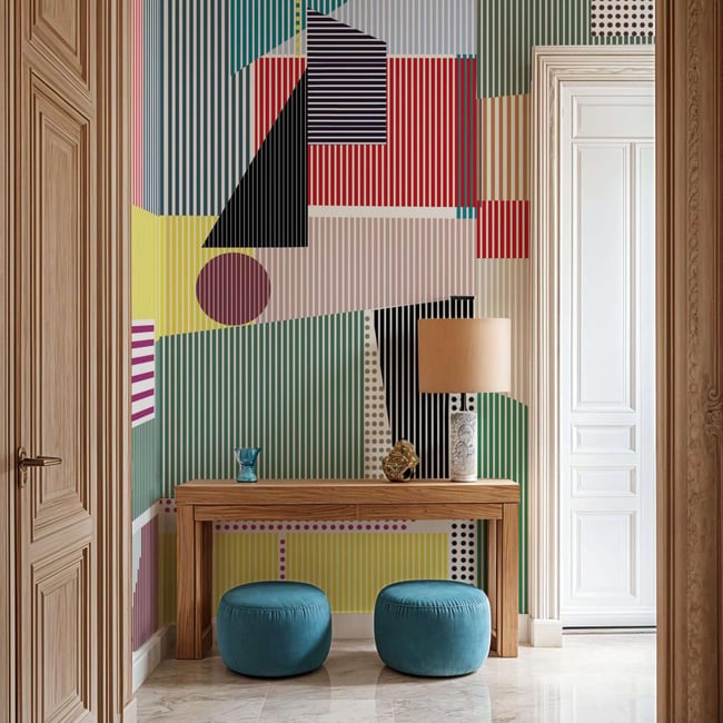 Papier peint panoramique et art déco avec rayures et points colorés - 340x260 cm (l x h) Couleur multicolore <span itemprop=
