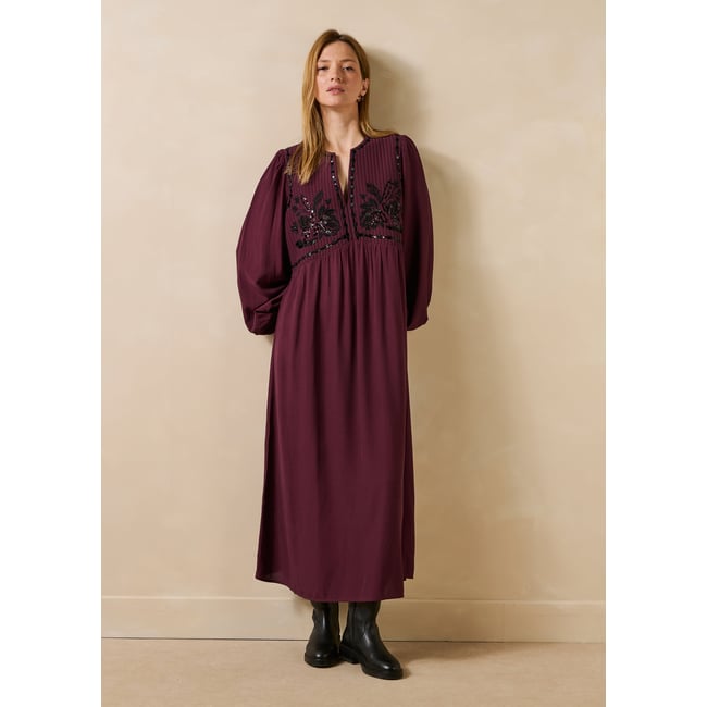 Robe longue brodée manches longues col V bordeaux / noir <span itemprop=