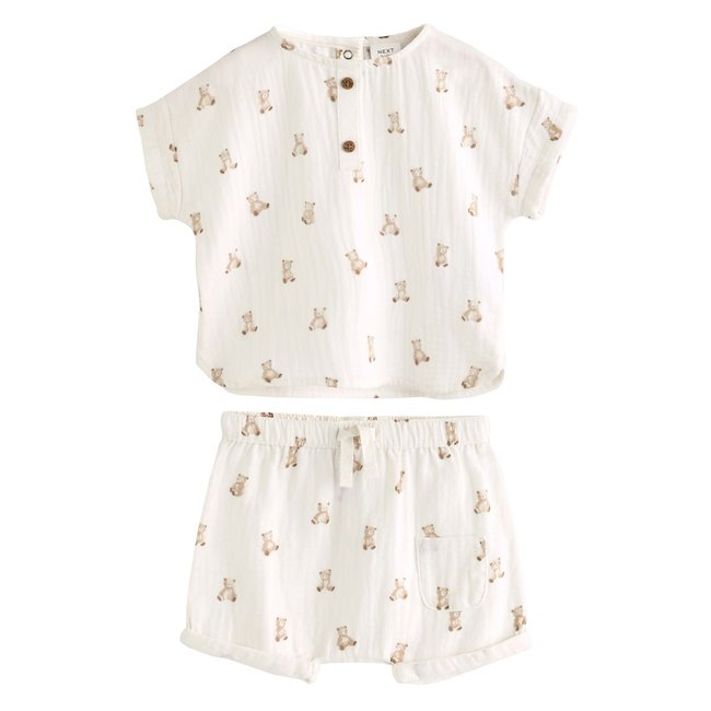 Ensemble short et haut bébé ours neutre imprimé <span itemprop=