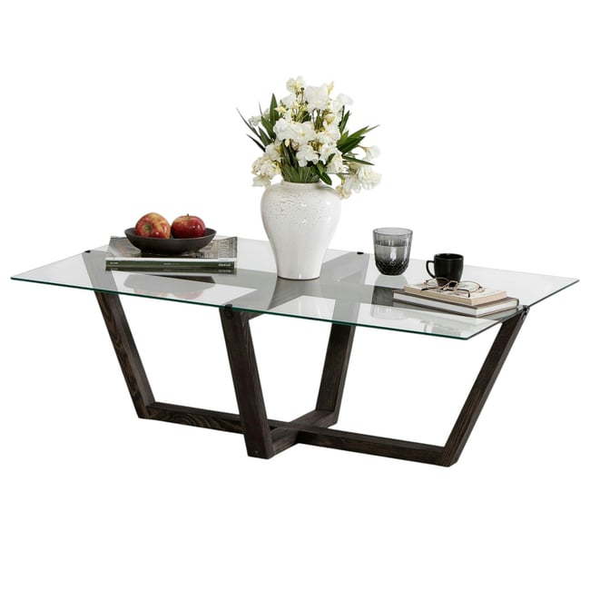 Table basse design en verre, pied croisé LHASA Couleur gris <span itemprop=