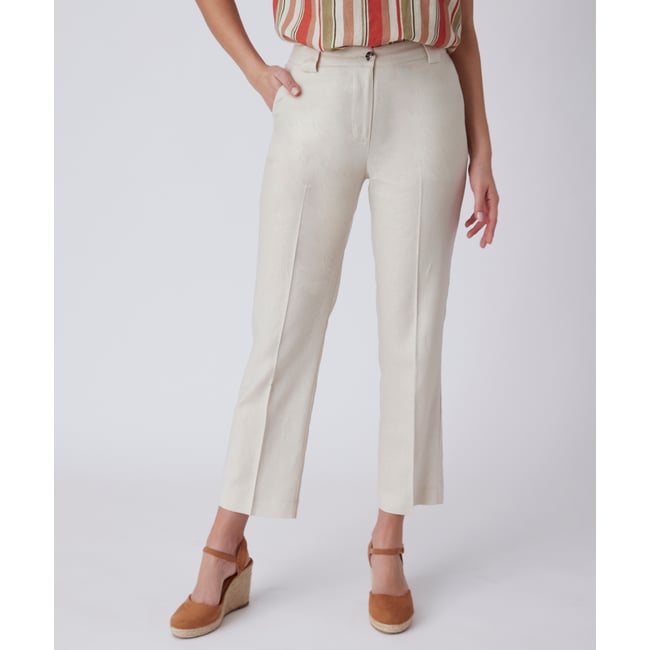 Pantalon 7/8ème mélange lin marron beige sable <span itemprop=