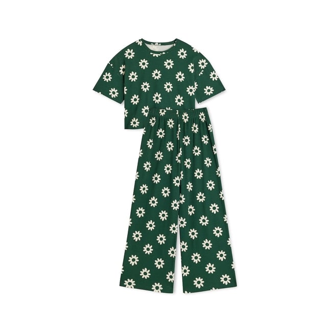 Pyjama Long Gaufré Coton BIO dahlia vert <span itemprop=