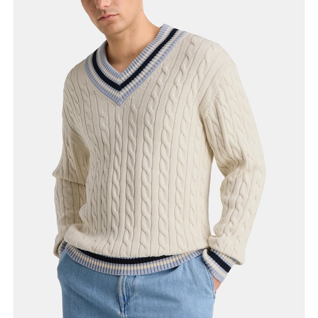 Pull pricket col v coton écru <span itemprop=