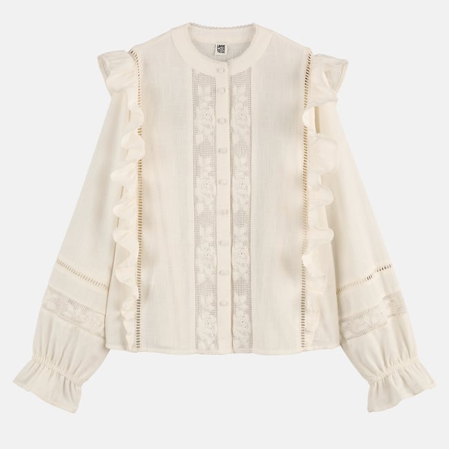 Chemise col rond, avec broderies et volants blanc <span itemprop=