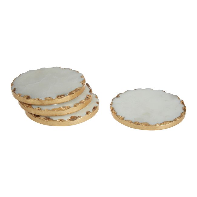 Set of 4 Round White/Gold Marble Coasters, white, SO'HOME