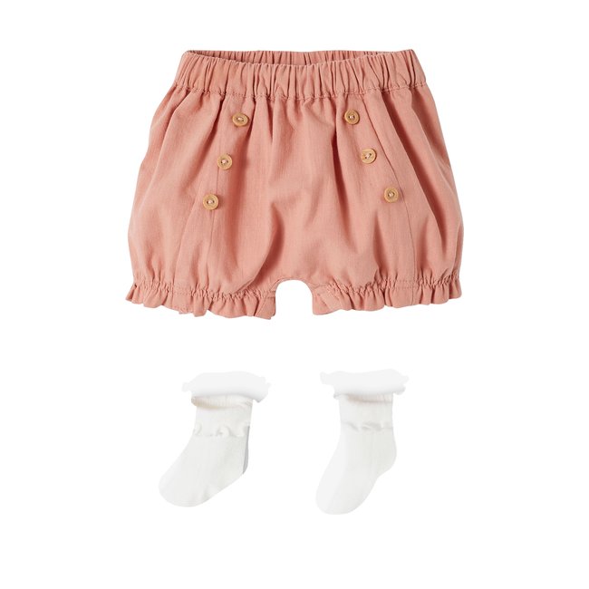 Ensemble cérémonie bloomer et chaussettes naissance rose <span itemprop=