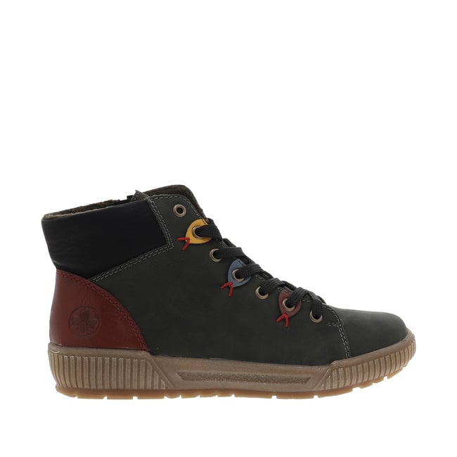 Bottines kaki à talon plat et à lacets et zip latéral avec oeillets colorés - RIEKER
