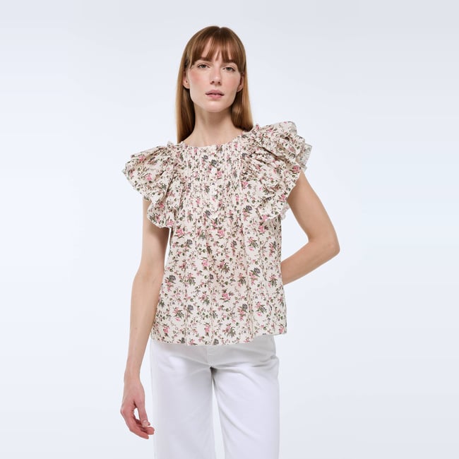 Top sans manches imprimé en voile de coton BIO GOTS butter cream <span itemprop=