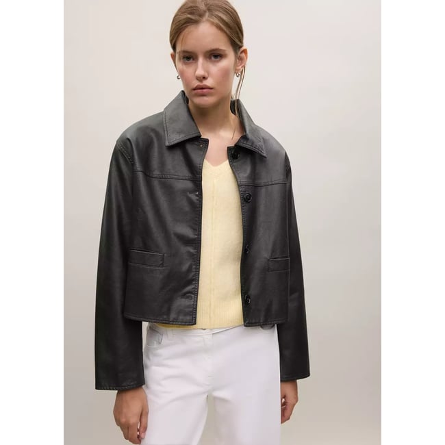 Veste similicuir boutons marron <span itemprop=