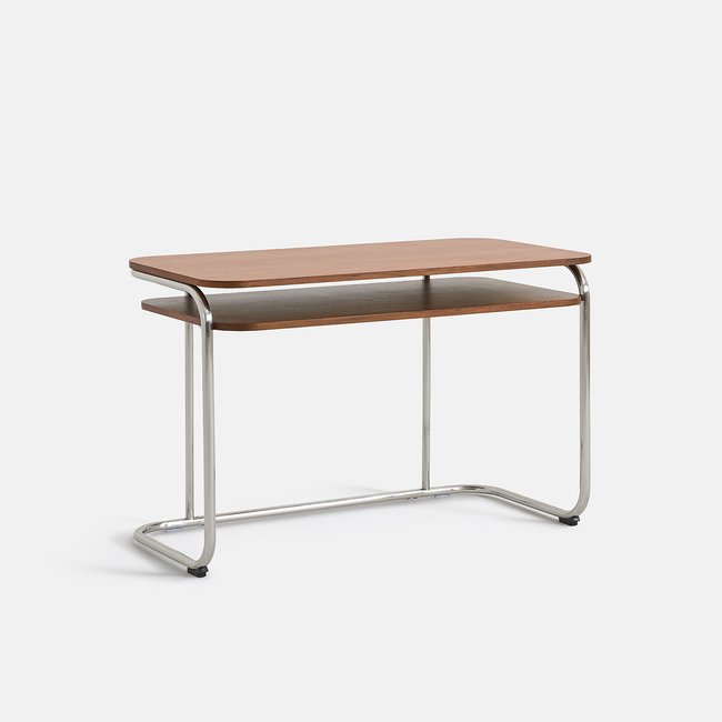 Bureau double plateau, en plaqué noyer et métal acier poli, MARSSO Couleur plaqué noyer <span itemprop=